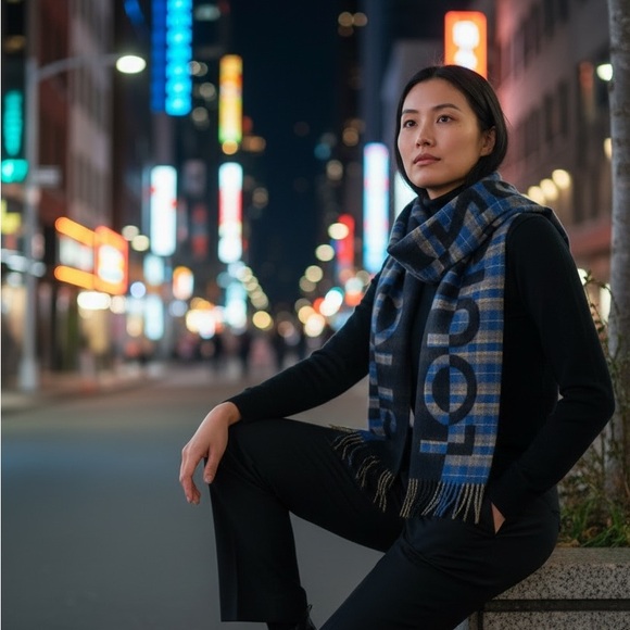 LOUIS VUITTON Women's Blue Escarp Check Scarf in Wool Cashmere - Picture 6 of 11